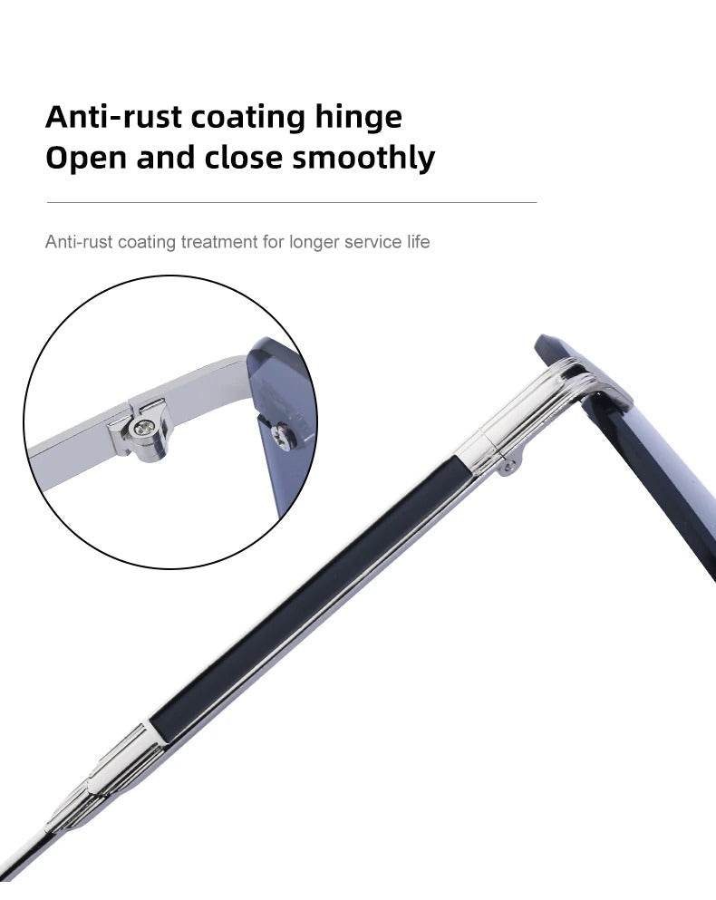 Sunglass Lover oversize square rimless sunglasses close up of anti rust coated hinge and black temple arm