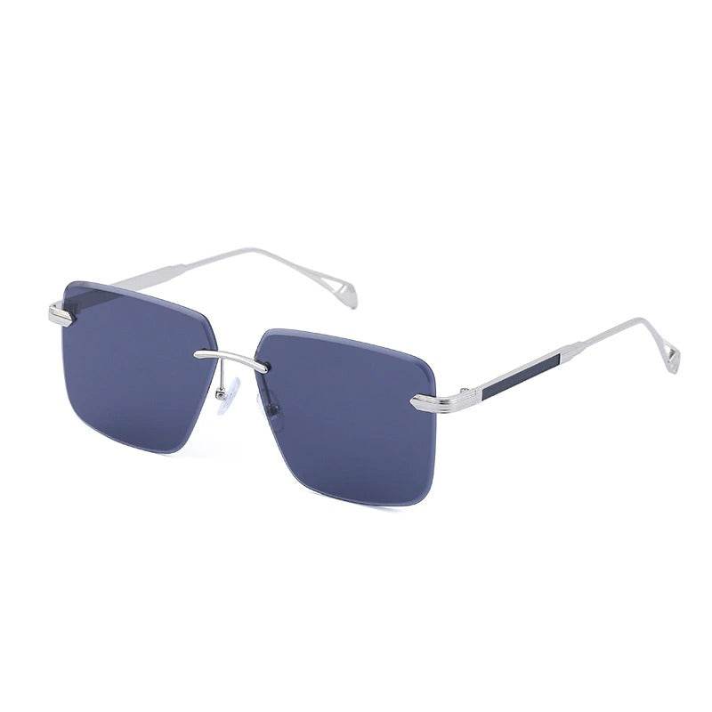 Sunglass Lover oversize square rimless sunglasses with blue square lenses and silver metal temples