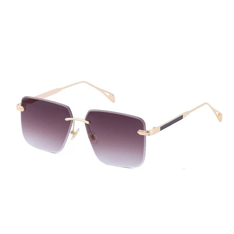 Sunglass Lover oversize square rimless sunglasses with gold temples and purple gradient lenses for stylish sun protection