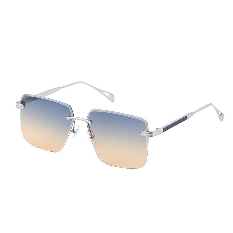 Sunglass Lover oversize square rimless sunglasses with silver temples and blue to peach gradient lenses