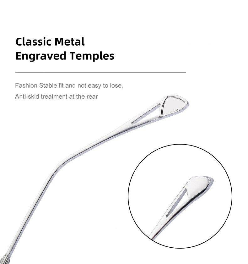 Sunglass Lover oversize square rimless sunglasses silver metal engraved temples anti skid rear fit