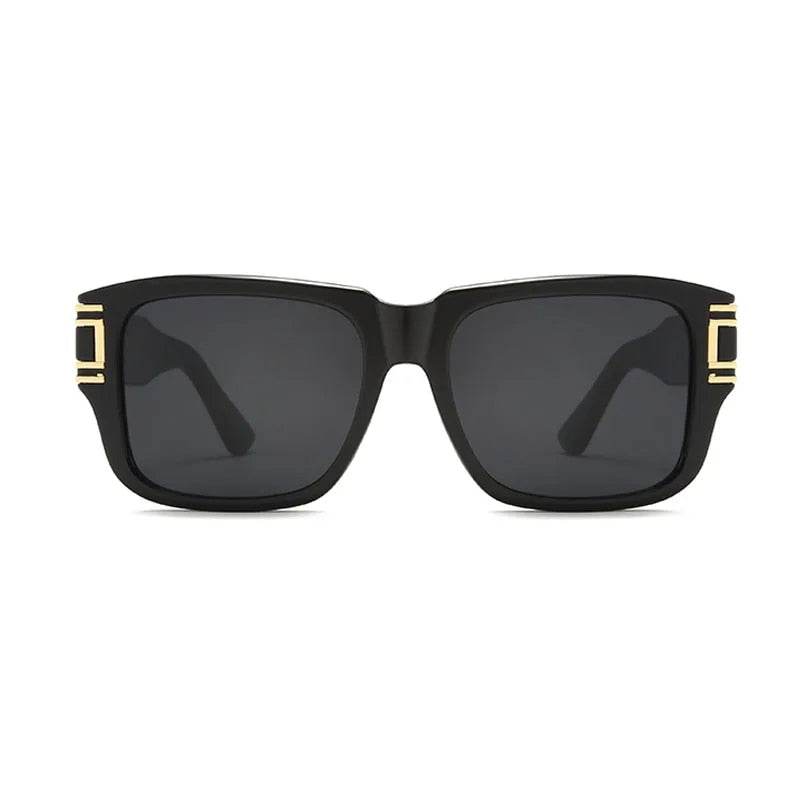 Sunglass Lover black framed unisex square sunglasses with dark lenses and gold temple accents for everyday wear
