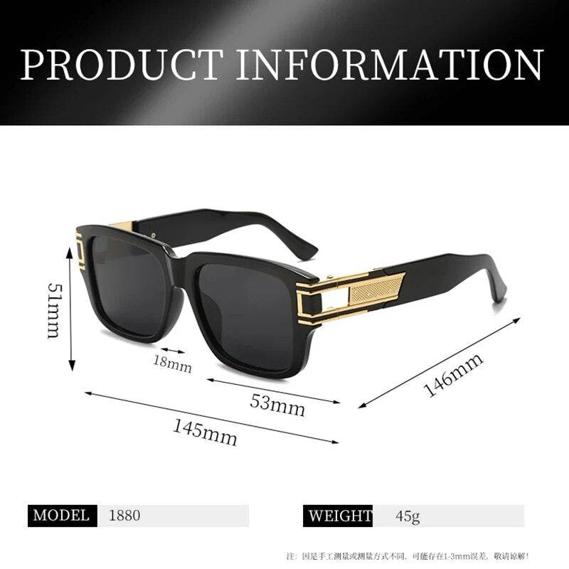 Sunglass Lover black sunglasses with gold temple accents unisex square sunglasses model 1880 shown with dimensions