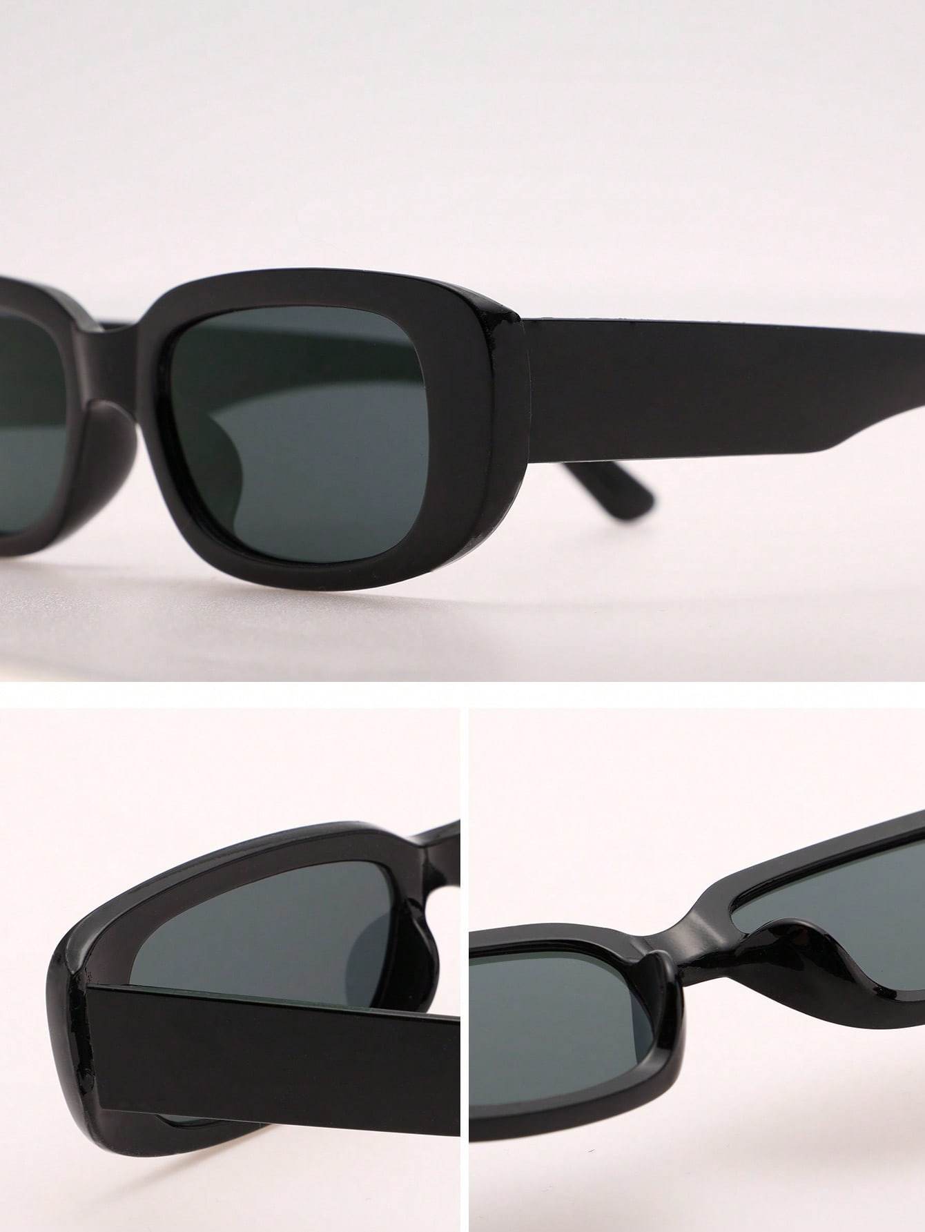 Sunglass Lover black small rectangle sunglasses with thick glossy frame and dark green lenses