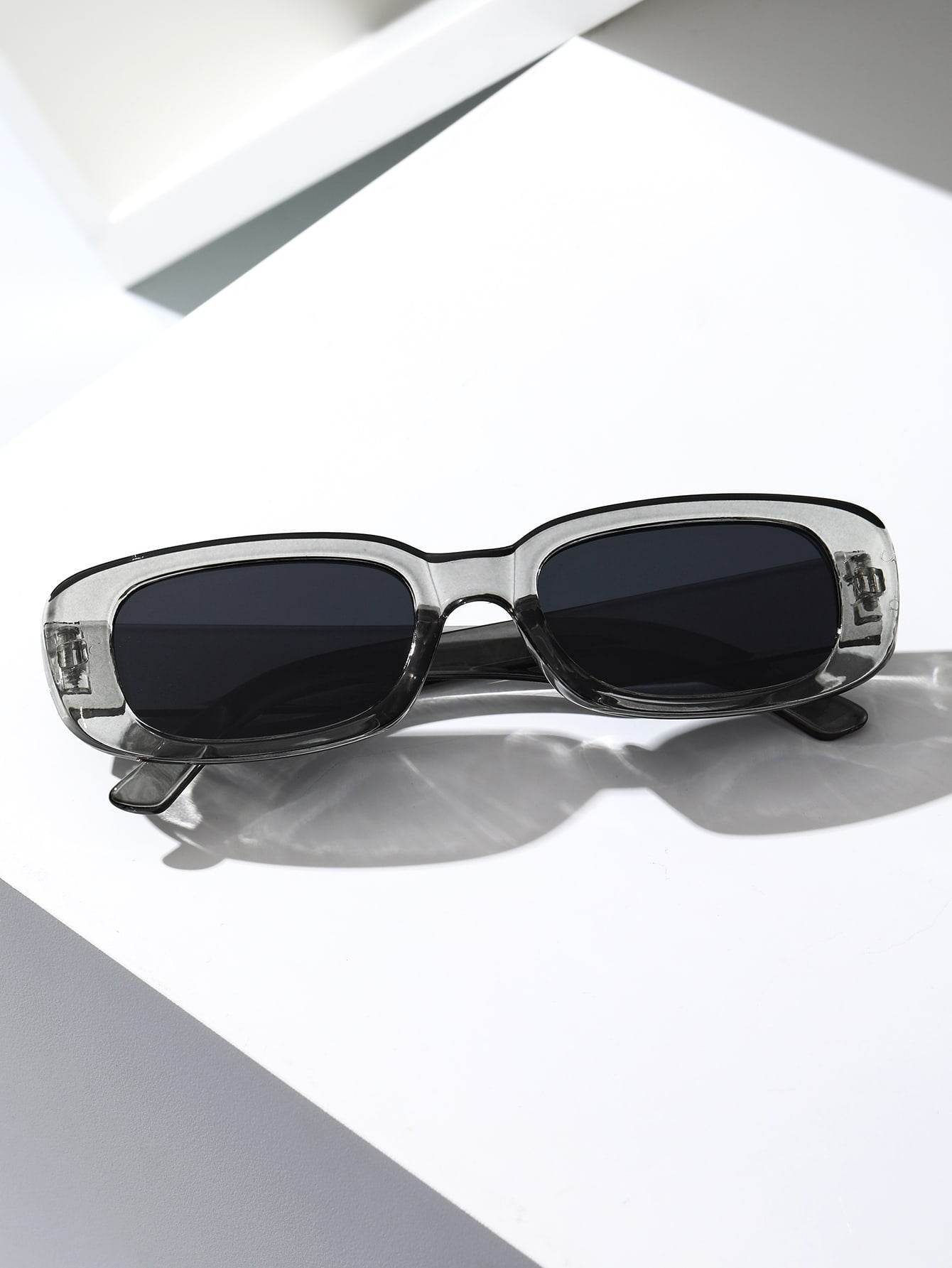 Sunglass Lover small rectangle sunglasses clear gray frame with dark lenses on white background