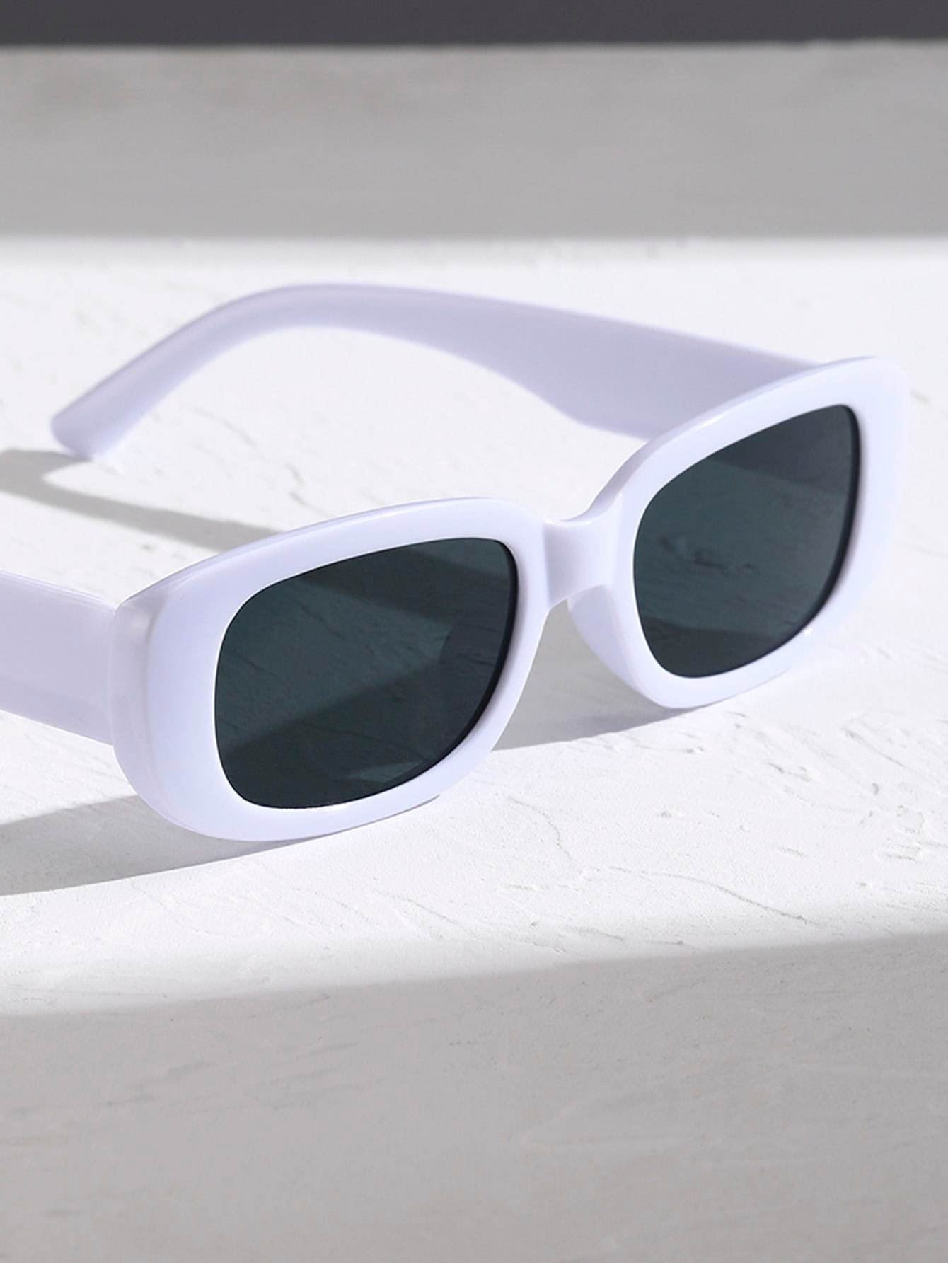 Sunglass Lover white small rectangle sunglasses with dark lenses and thick plastic frame