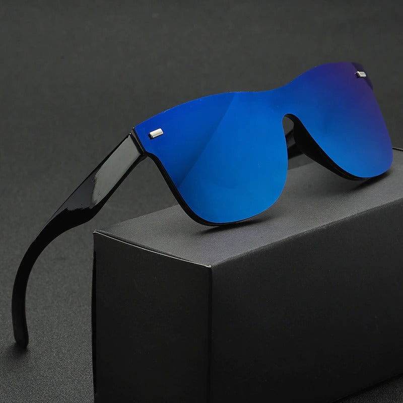 Sunglass Lover rimless polarized sunglasses with blue mirrored shield lens and black glossy temples