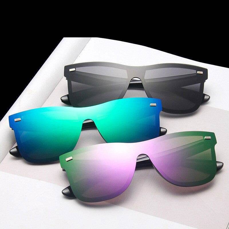 Sunglass Lover rimless polarized sunglasses set with black blue and pink mirrored shield lenses for UV protection and sporty style