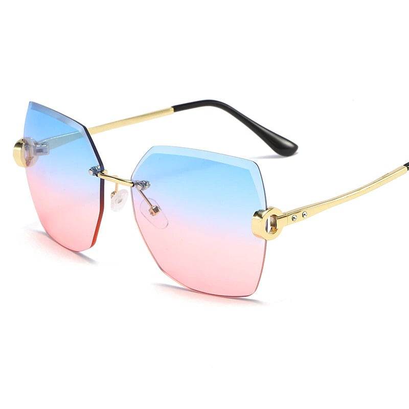 Sunglass Lover gradient blue to pink hexagon rimless lenses with gold temples ladies rimless sunglasses online
