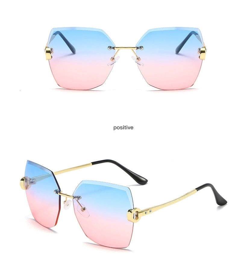 Sunglass Lover ladies rimless sunglasses online gradient pink to blue hexagon lenses gold temples black tips
