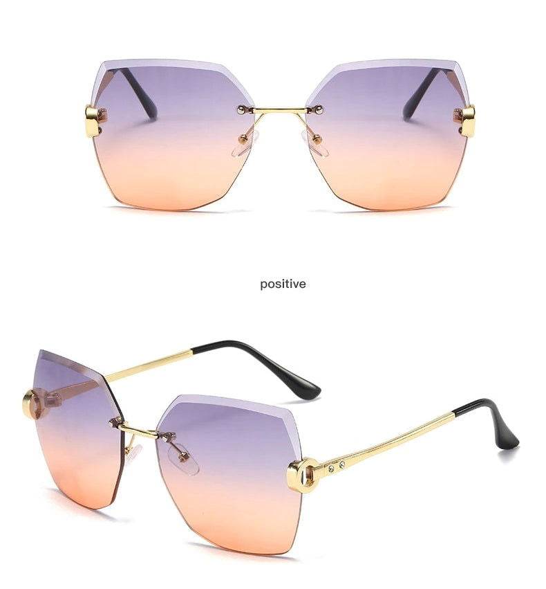 Sunglass Lover gradient purple to peach hexagonal ladies rimless sunglasses online with gold temples and black tips