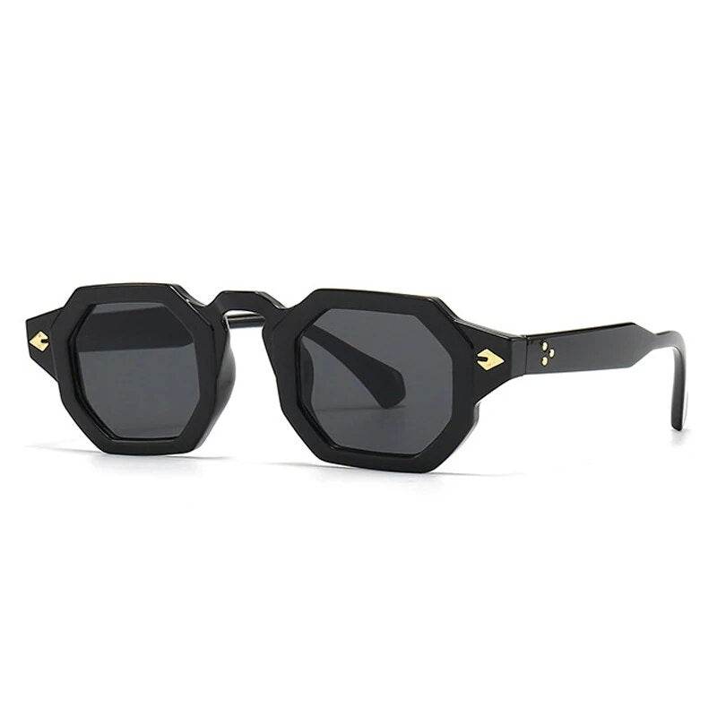 Sunglass Lover black retro polygon sunglasses square octagonal frame with dark lenses and gold accents