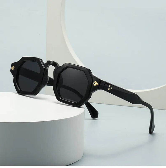 Sunglass Lover black square frame retro polygon sunglasses with gold rivet accents and dark lenses