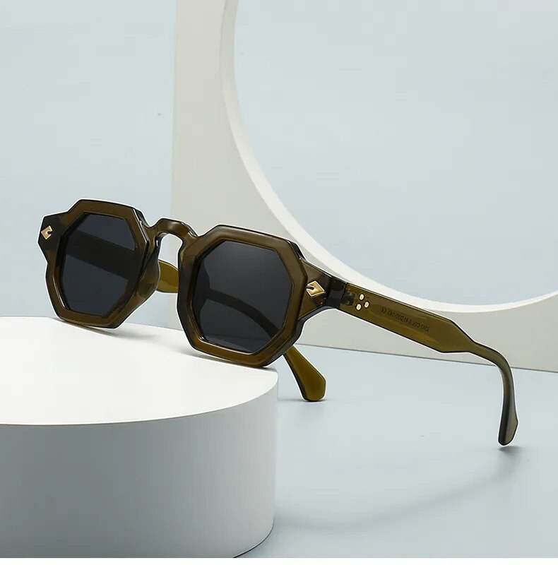 Sunglass Lover retro polygon sunglasses olive green square frames with dark lenses and gold accents