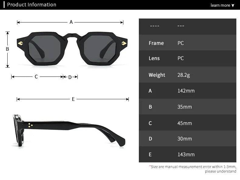 Sunglass Lover black retro polygon sunglasses with octagonal square frame shown front and side with size measurements