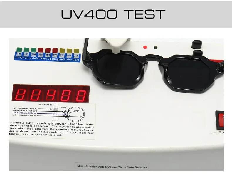 Sunglass Lover retro polygon sunglasses black angular square frame on UV400 tester showing UV protection