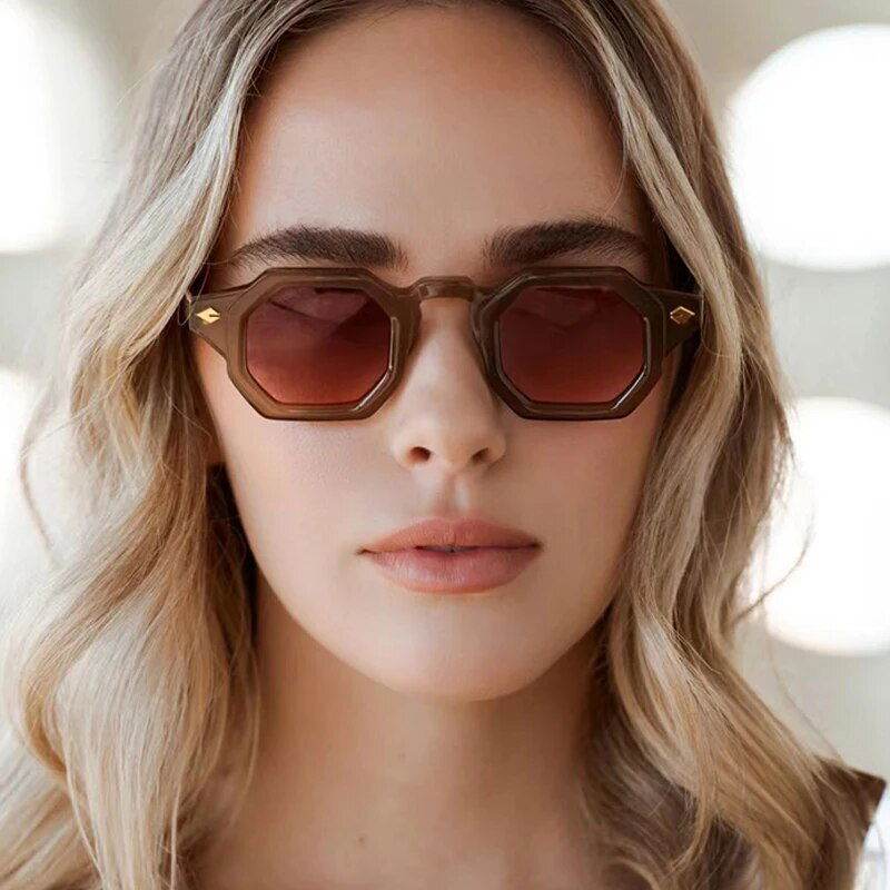 Sunglass Lover retro polygon sunglasses in translucent brown with octagonal frames and brown lenses on model