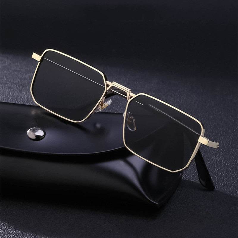 Sunglass Lover gold metal frame square retro sunglasses with dark lenses and slim temples