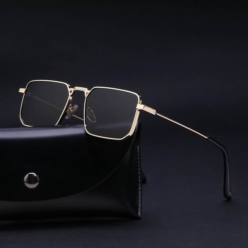 Sunglass Lover gold metal frame square retro sunglasses with thin temples gray lenses and black case