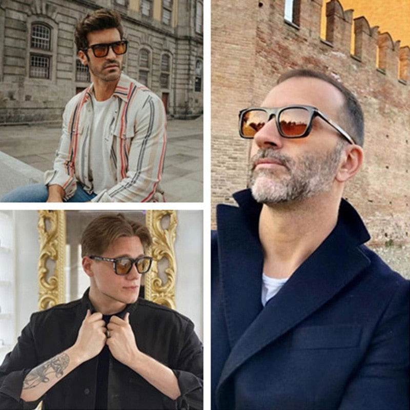 Sunglass Lover square sunglasses for men and women modeled by three men in urban and elegant settings