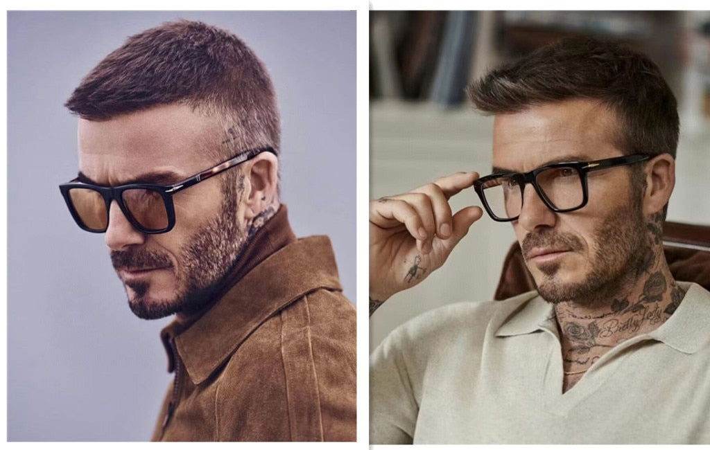 Sunglass Lover black square sunglasses for men and women shown on male model in brown jacket and beige shirt