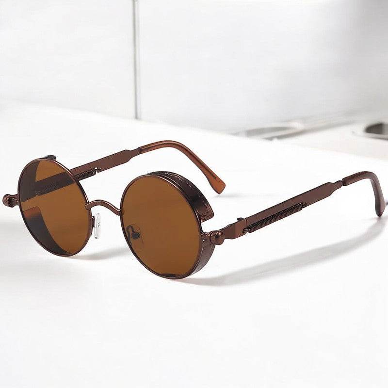 Sunglass Lover brown metal steampunk round sunglasses with brown lenses and nose pads stylish round frame sunglasses