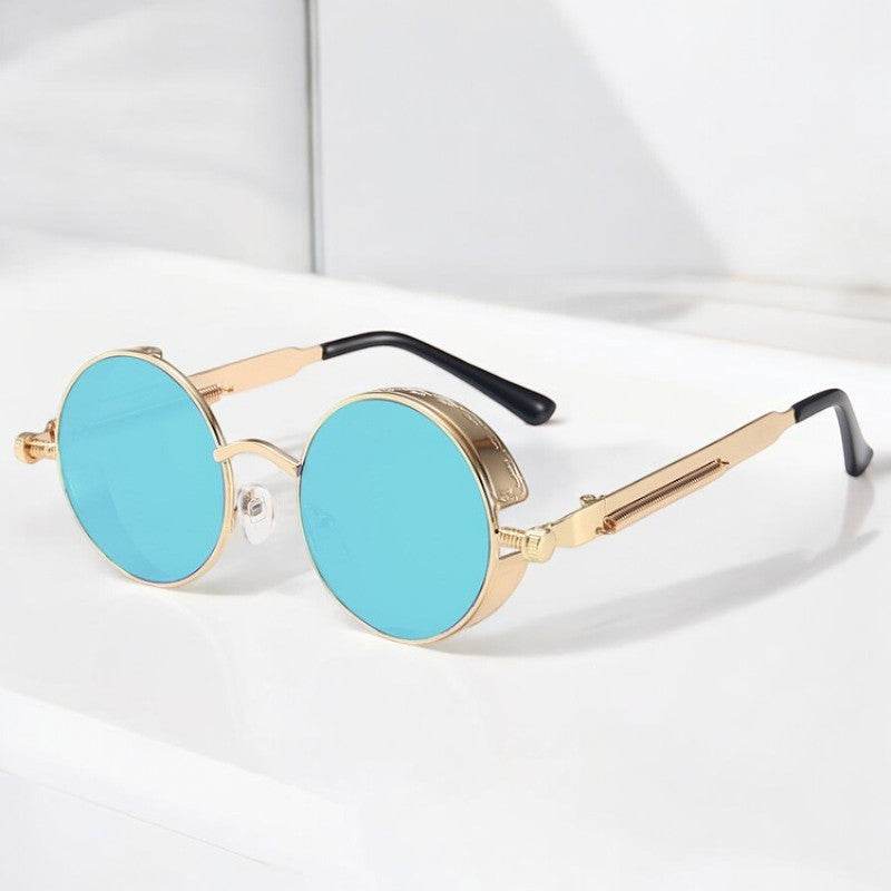 stylish round frame sunglasses by Sunglass Lover gold metal frame blue mirrored lenses black tips