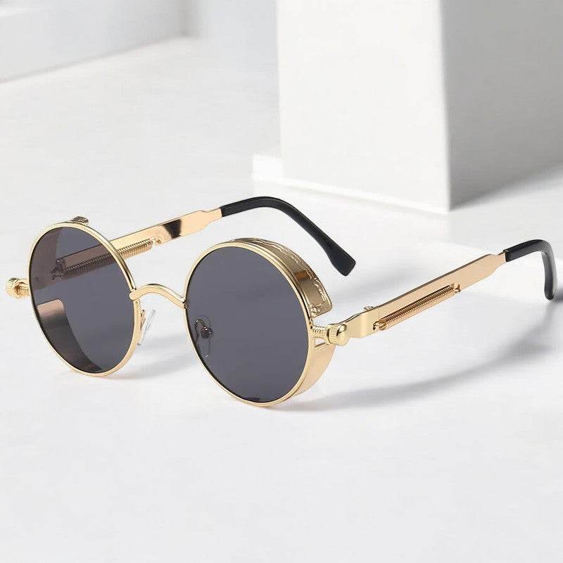 Sunglass Lover gold metal round sunglasses with dark lenses and black temple tips stylish round frame sunglasses for retro style