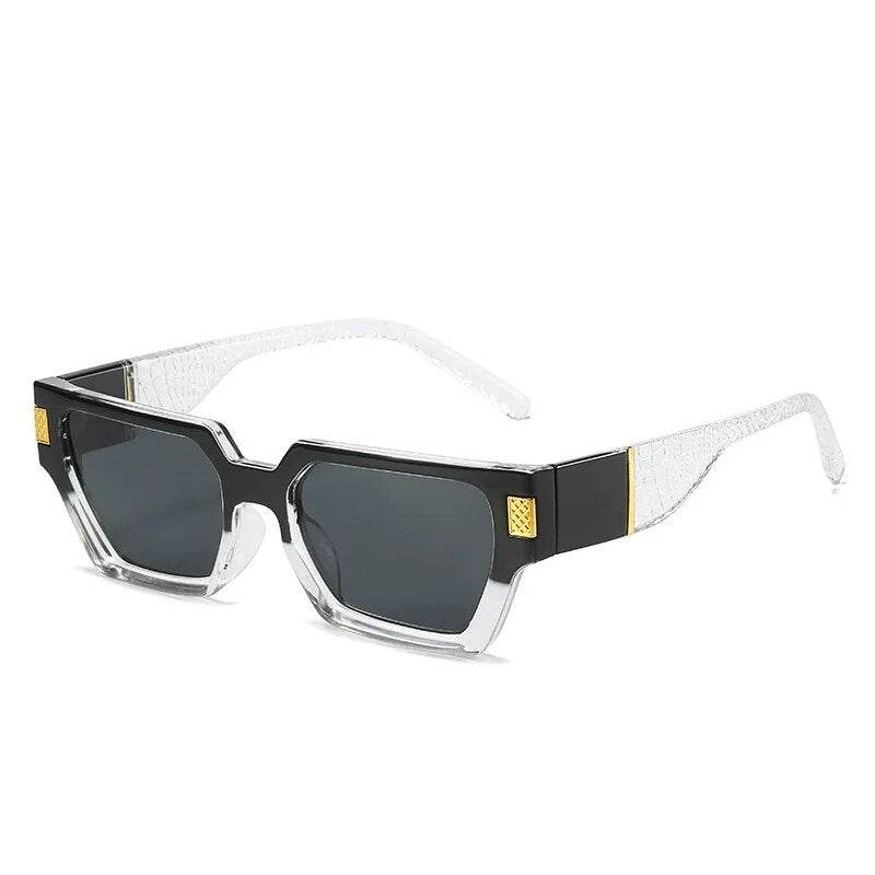 Sunglass Lover cat eye sunglasses with black and clear frame gold accents and dark lenses unique square frame sunglasses