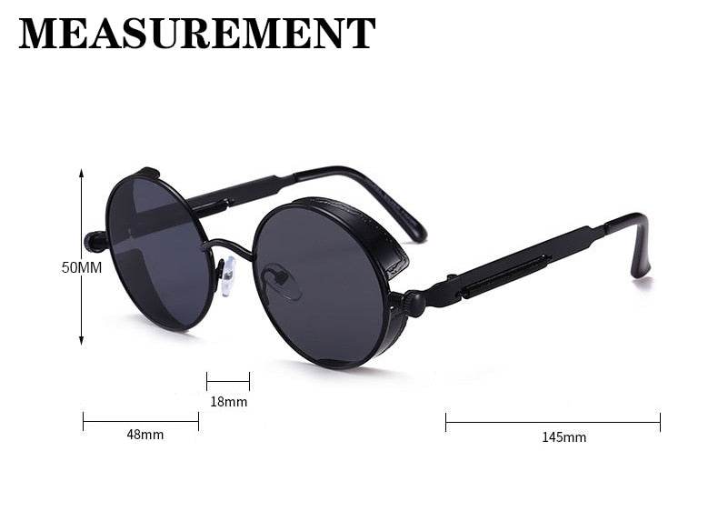 Sunglass Lover black vintage round sunglasses with dark lenses and metal frame showing measurements