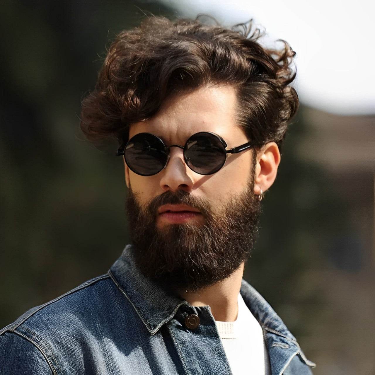 Sunglass Lover bearded man wearing vintage round sunglasses with black frames and dark lenses in denim jacket