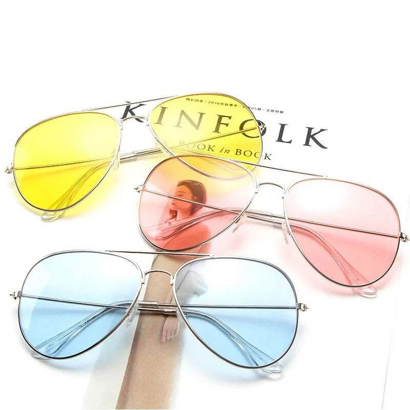Sunglass Lover pilot polygon unisex sunglasses three aviator frames with yellow pink and blue lenses