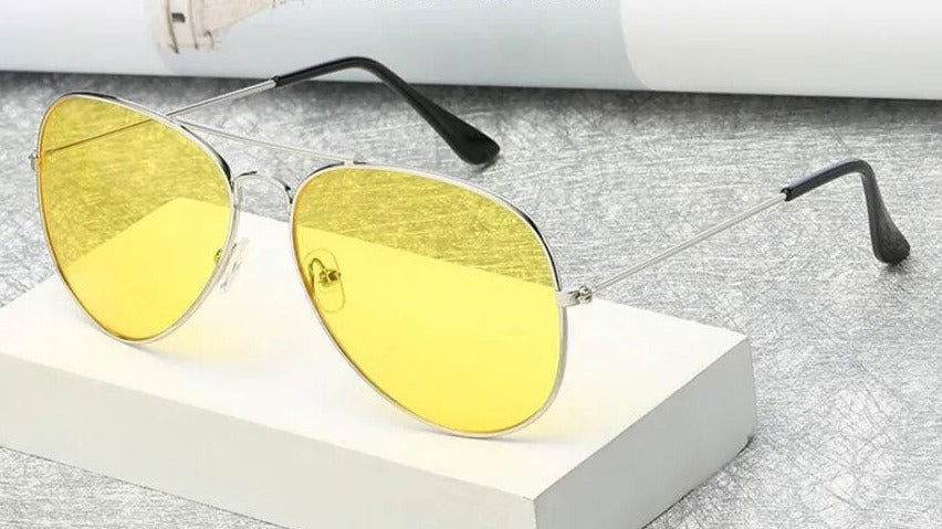 Sunglass Lover pilot polygon unisex sunglasses with silver metal frame and yellow lenses for day or night driving