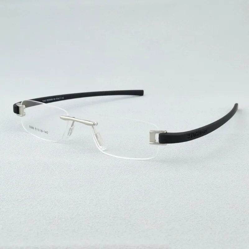 Sunglass Lover rimless eyeglasses with clear lenses and black temples lightweight rimless eyeglass frames