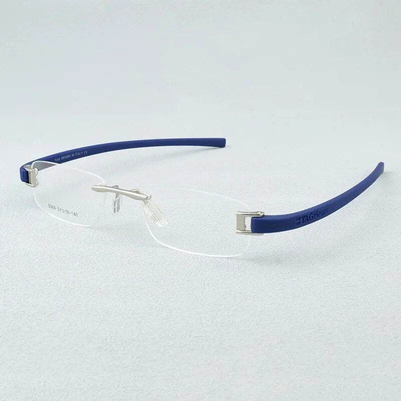 Sunglass Lover lightweight rimless eyeglass frames with blue temple arms and silver bridge for everyday wear