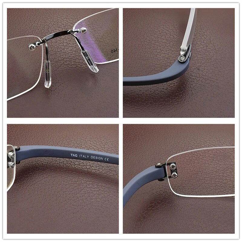 Sunglass Lover close up of lightweight rimless eyeglass frames showing nose pads hinges and blue temples