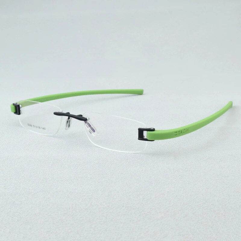 Sunglass Lover rimless eyeglasses with lime green temples and black bridge lightweight rimless eyeglass frames for everyday wear