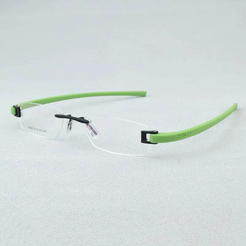 Sunglass Lover rimless eyeglasses with lime green temples and black bridge lightweight rimless eyeglass frames