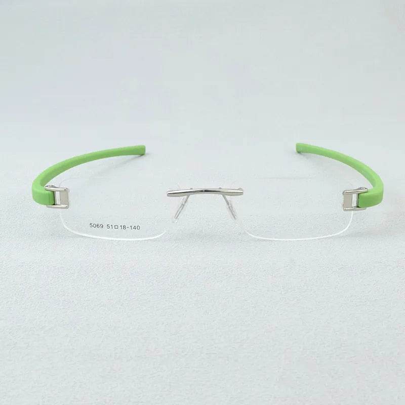 Sunglass Lover lightweight rimless eyeglass frames with green temple arms and silver bridge and clear lenses