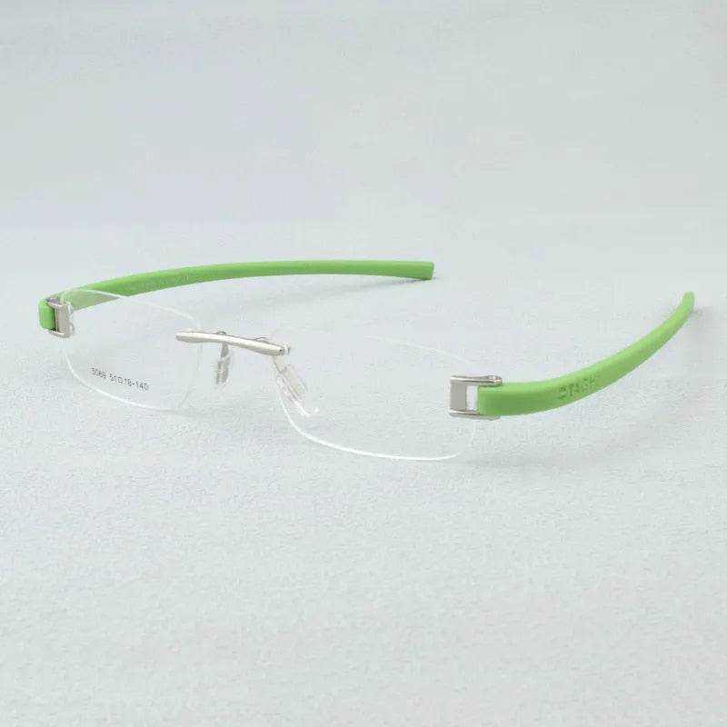 Sunglass Lover lightweight rimless eyeglass frames clear lenses green temple arms for everyday wear