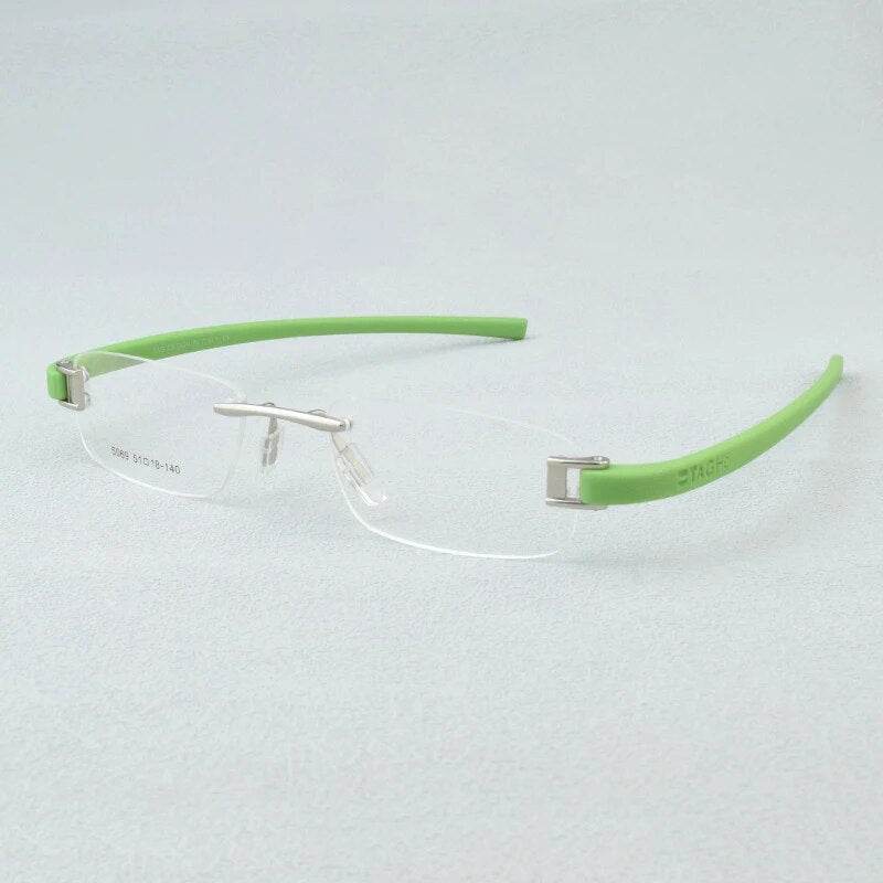 Sunglass Lover rimless eyeglasses with lime green temples lightweight rimless eyeglass frames for everyday wear