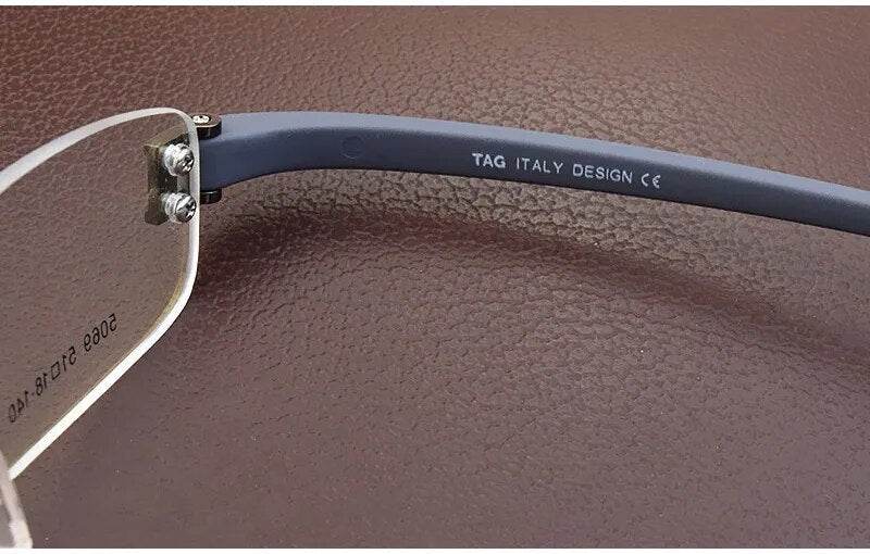 Sunglass Lover close up of blue temple and screw hinge on lightweight rimless eyeglass frames