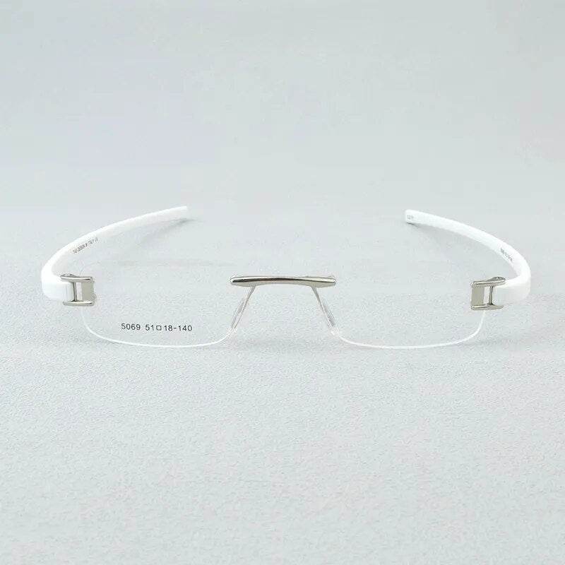Sunglass Lover lightweight rimless eyeglass frames with clear lenses white temples and silver bridge
