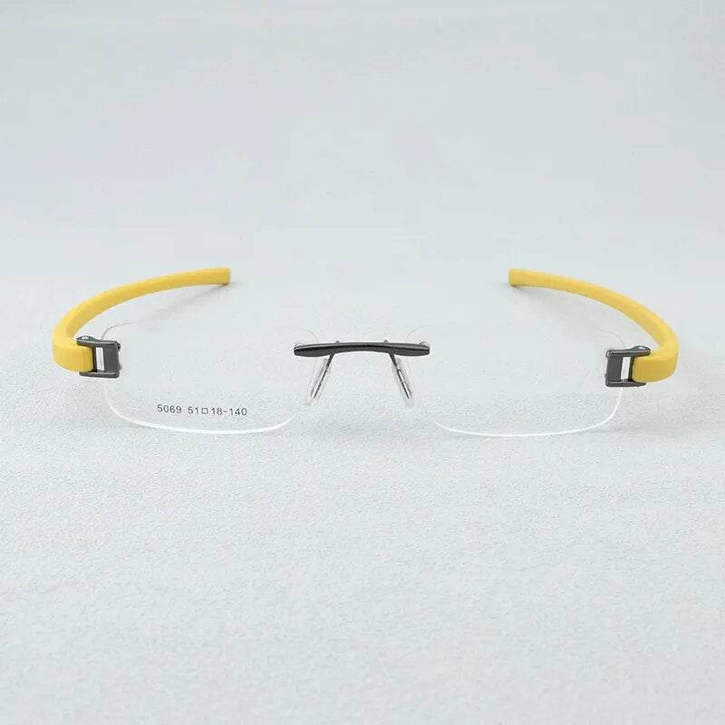 lightweight rimless eyeglass frames Sunglass Lover with yellow temples and black bridge for everyday wear