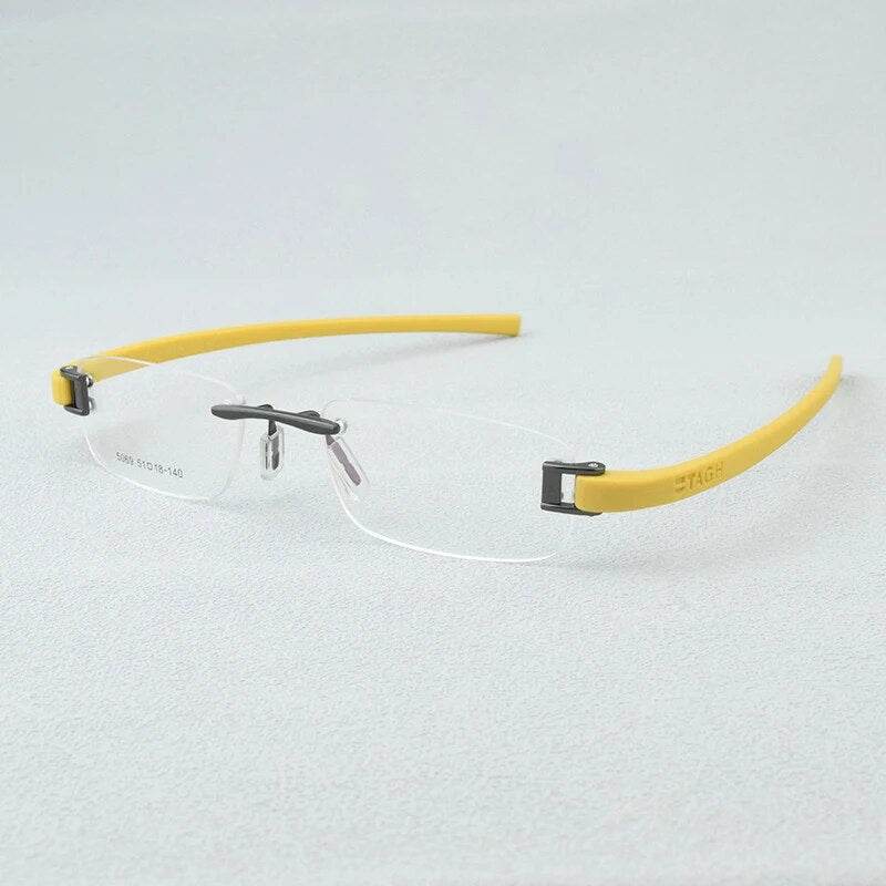 Yellow temple rimless eyeglasses by Sunglass Lover with silver bridge and adjustable nose pads lightweight rimless eyeglass frames