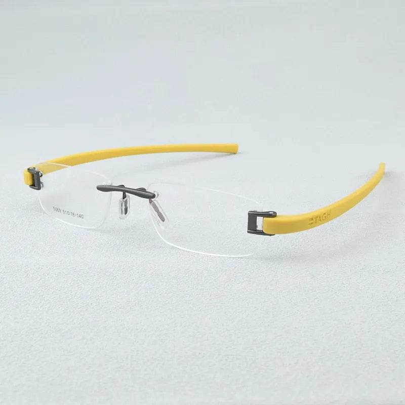 Sunglass Lover yellow temple lightweight rimless eyeglass frames with clear lenses and nose pads