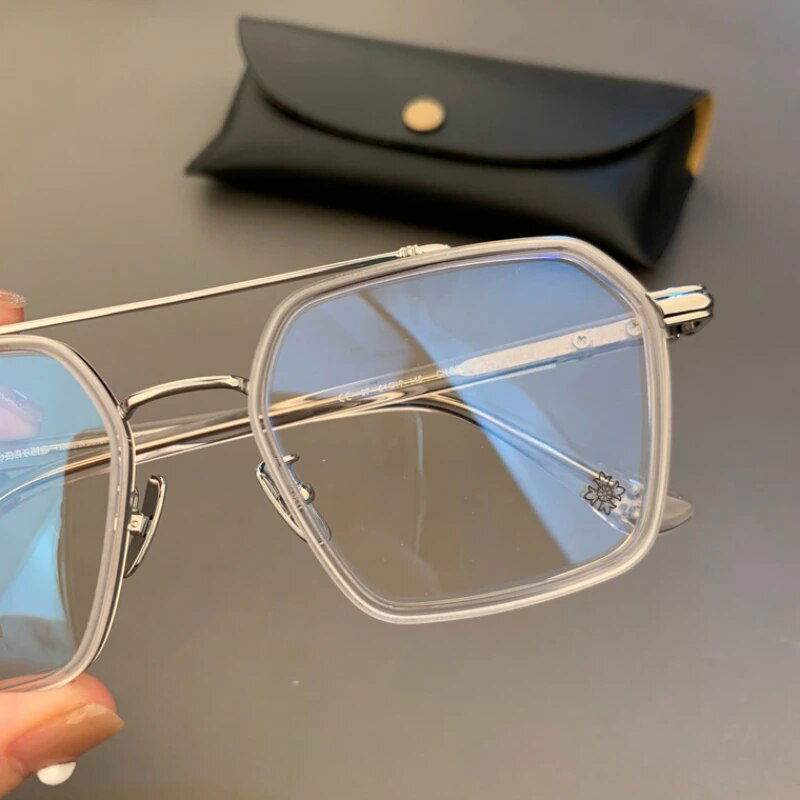 Sunglass Lover unisex hexagonal eyeglasses clear acetate frame with silver metal bridge blue light lenses