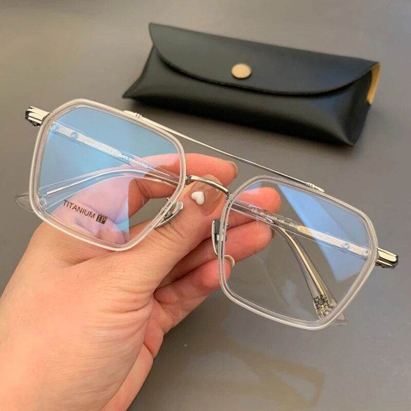 Sunglass Lover unisex hexagonal eyeglasses silver titanium frame clear lenses with black case