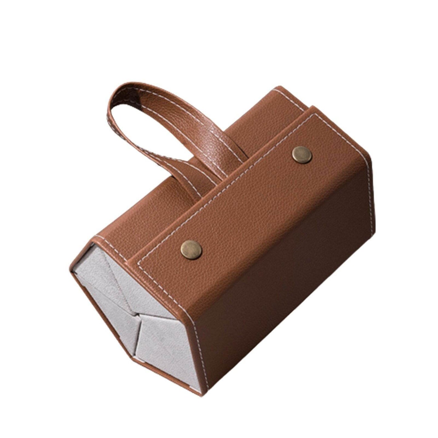 Sunglass Lover brown leather sunglasses storage box with handle and snap closure portable eyeglasses organizer