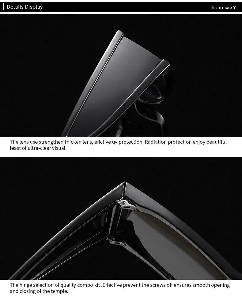 Sunglass Lover glossy black retro rectangle sunglasses for women showing thick UV lenses and metal hinge details